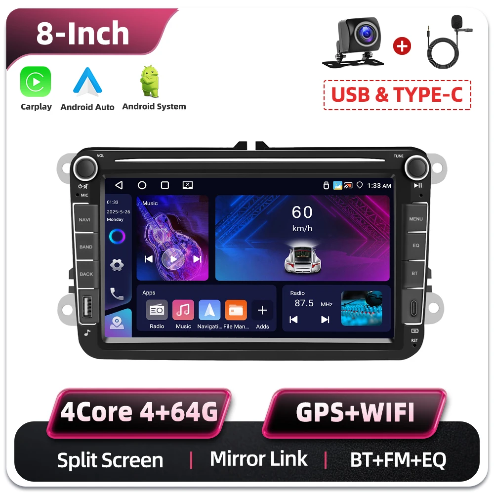 Podofo 8 Zoll 2 Din 6+128G/2+64G Auto-Multimedia-Player für Seat Altea/Toledo/Leon VW Golf/Pasta/Jatta/Bora/Scirocco Skoda Fabia/Yeti/Roomster/Praktic unterstützt Rückfahrkamera/KI-Sprachassistent GPS
