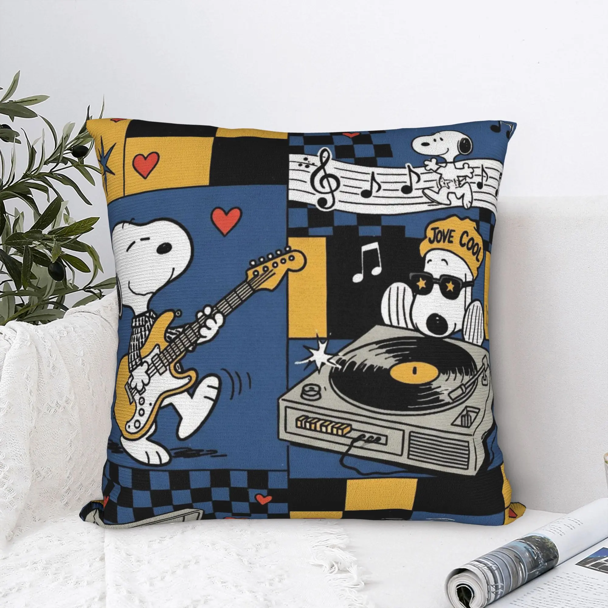 Snoopys Music Cartoon Square Pillow Cases  Cushion Cover Custom Zippered Decor Pillowcover for Home 40x40cm