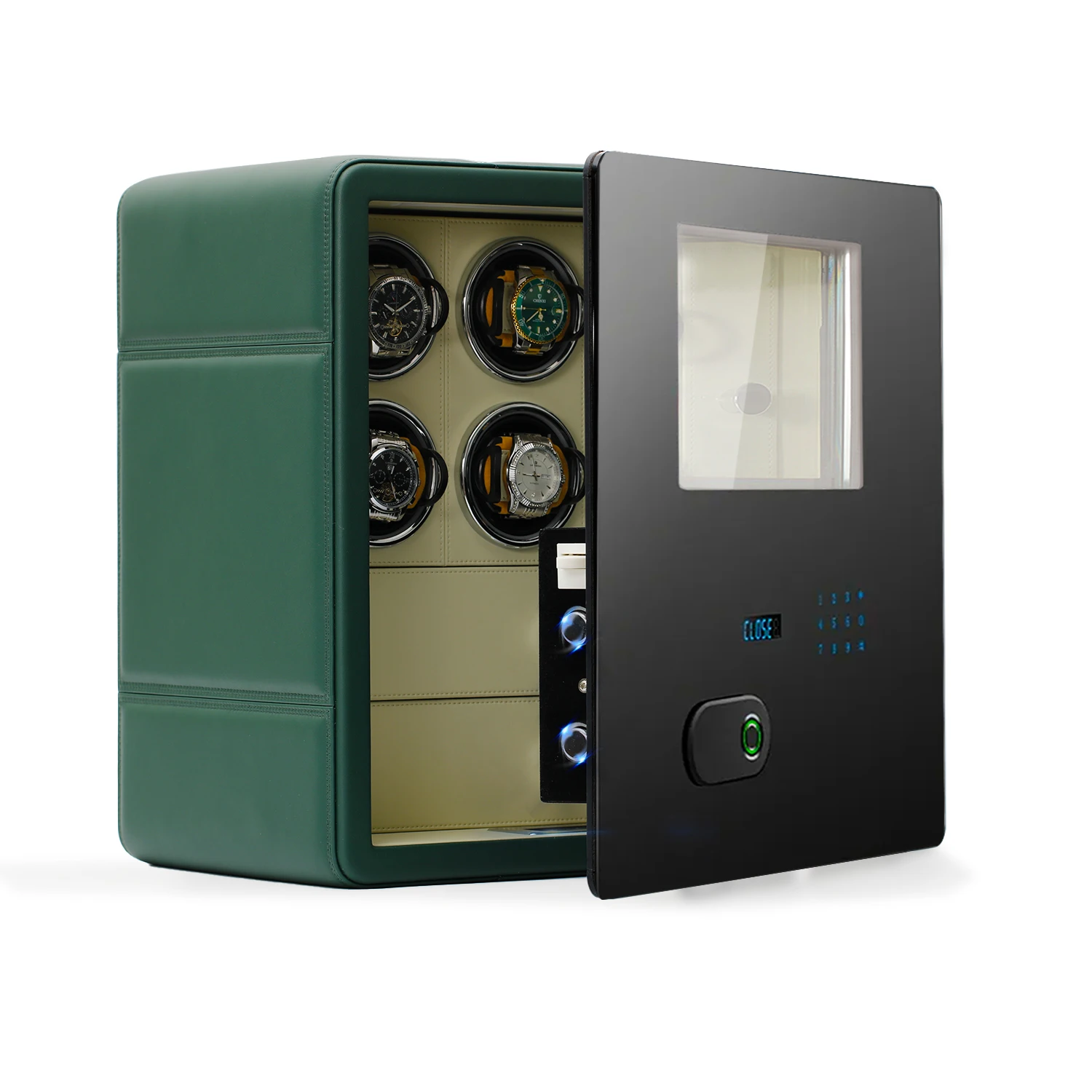 6 Rotors Automatic Watch Winder Safe with 8 Storage Pillows LCD Touch Control Green Leather Watch Shaker Jewelry Cabinet Drawer