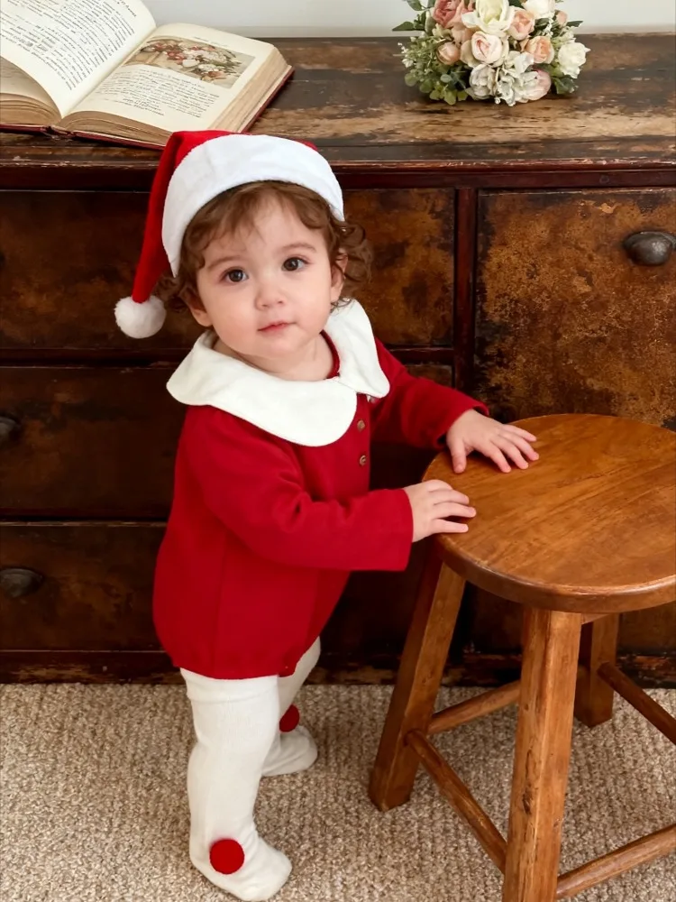 ملابس عيد الميلاد الاحتفالية باللون الأحمر للخريف والشتاء الكورية للأولاد والبنات ملابس مخملية للأطفال بدلة زحف عصرية مع قبعات عيد الميلاد #4