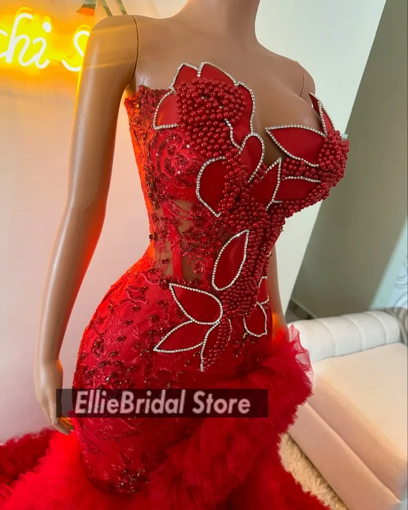 

Luxury Red Evening Dresses Pearls Sweetheart Mermaid Wedding Party Gowns Dubai Engagement Prom Dress 2025 Customized