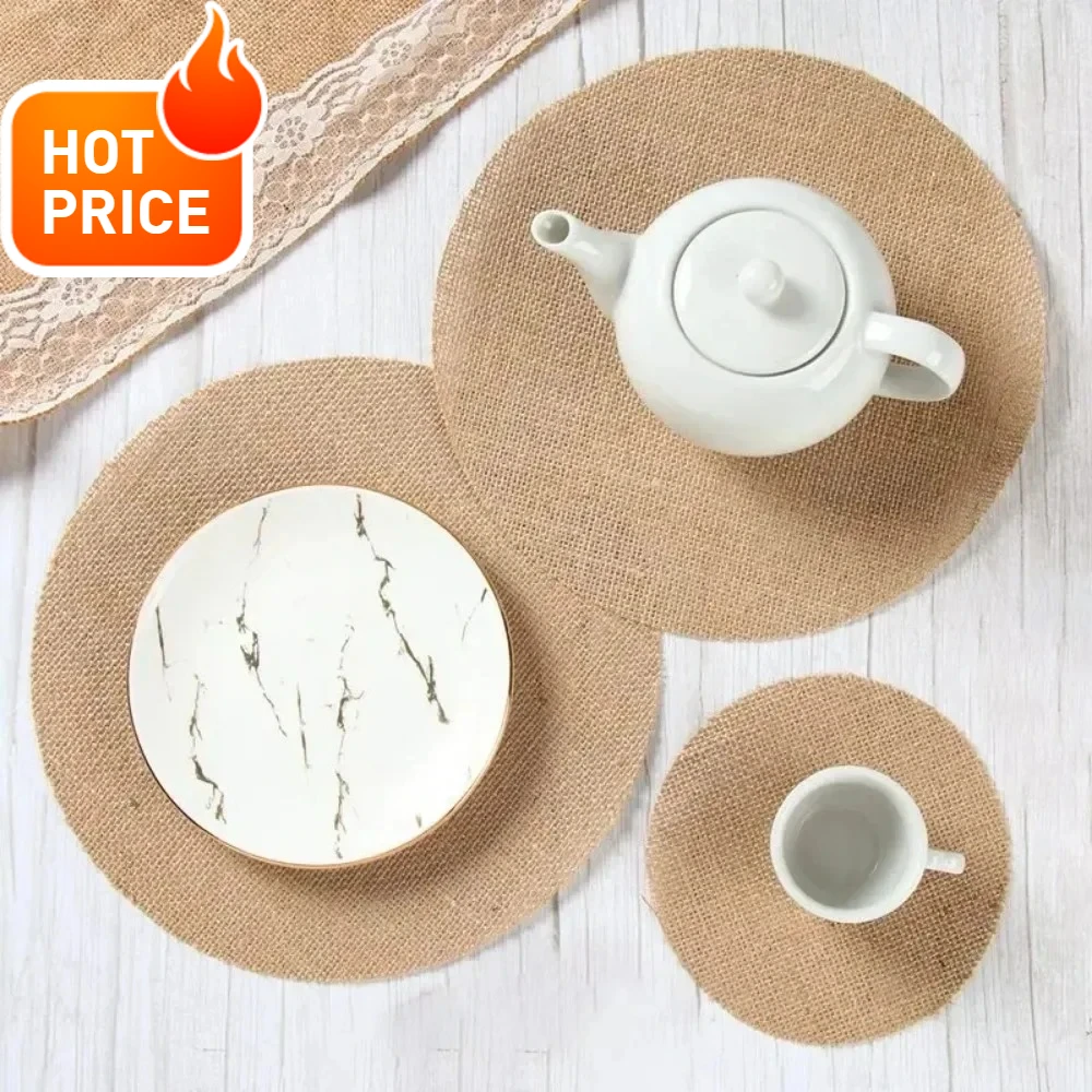 

DIY Retro Natural Jute Burlap Dining Table Mat Round Square Linen Table Placemat Cup Mats For Wedding Christmas Party Decor