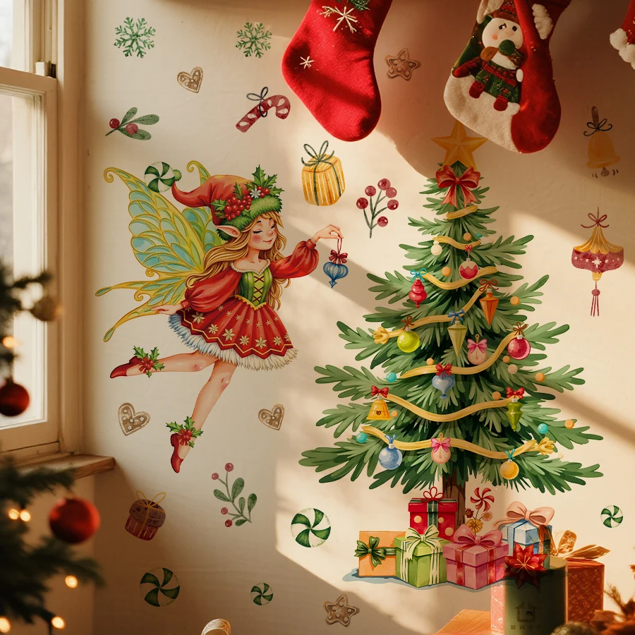 Warm Christmas Fairy & Tree Wall Stickers With Gift Piles Removable Self-Adhesive For Kids Room Living Room Bedroom Shop Decor