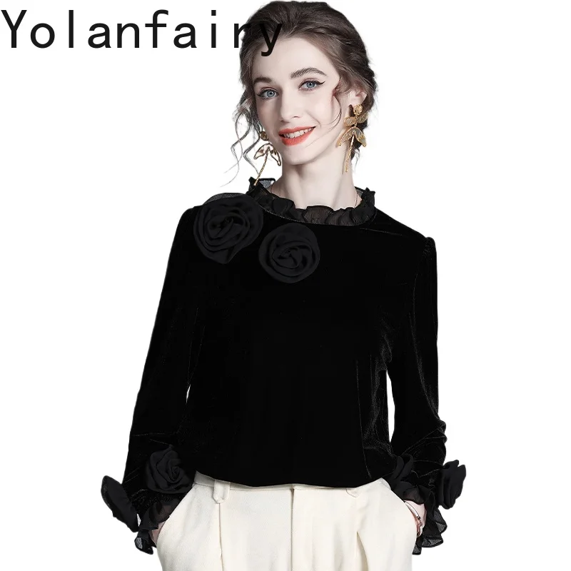 YOLANFAIRY Luxury Blouses for Women Autumn 2025 Three-dimensional Flower Elegant Ladies Blouses Tops Korean Fashion Blouse Femme