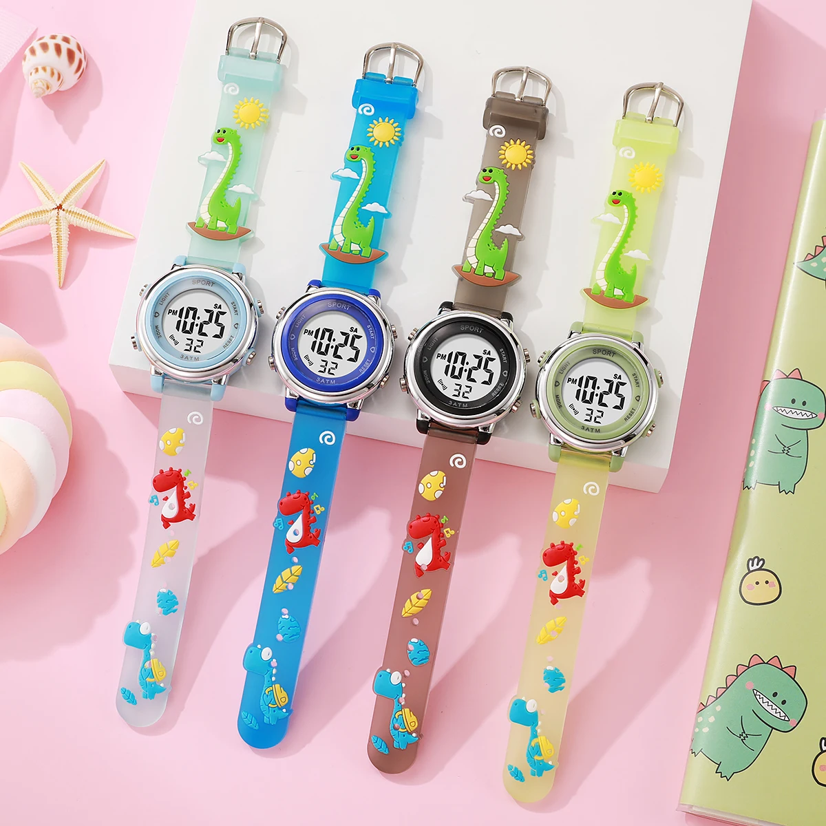 

Fashionable and cute cartoon dinosaur silicone strap LED screen children's electronic watch, suitable for daily wear, Christmas
