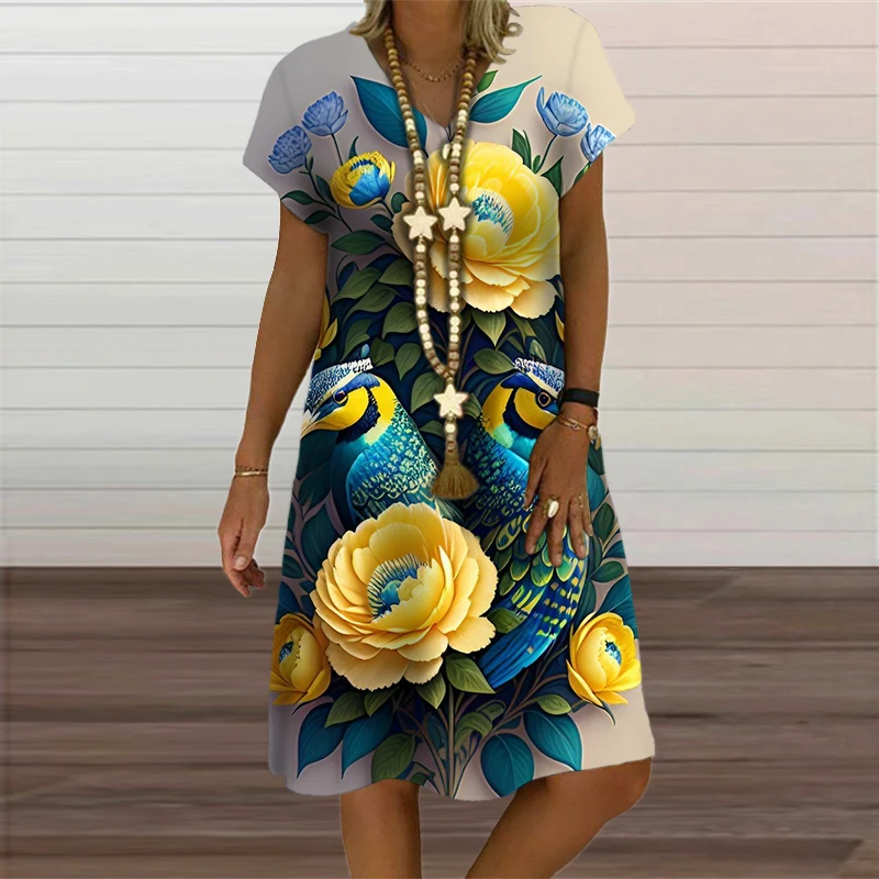 Gele Bloemenprint Jurken Voor Dames Kleding Zomer Vogel Patroon Korte Mouw Losse Jurk Mode Casual V-Hals Oversized Jurk