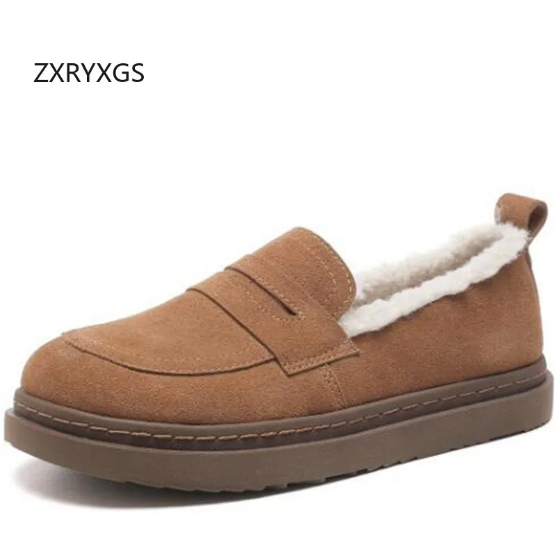 ZXRYXGS Hot Promotion Cow Suede Plush Winter Flat Shoes 2024 Elegant Comfortable Warm Cotton Shoes Woman Flats Trend Shoes