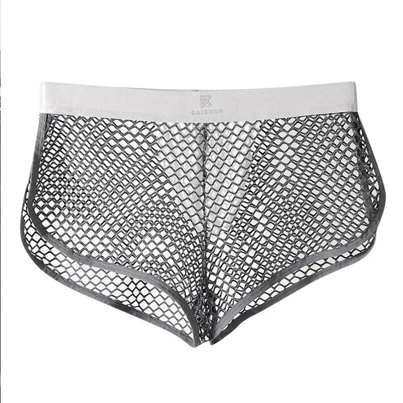 Men's Fishnet Boxer Briefs, Hollow Breathable Mesh Underwear With Antibacterial Crotch Elastic Sexy Shorts