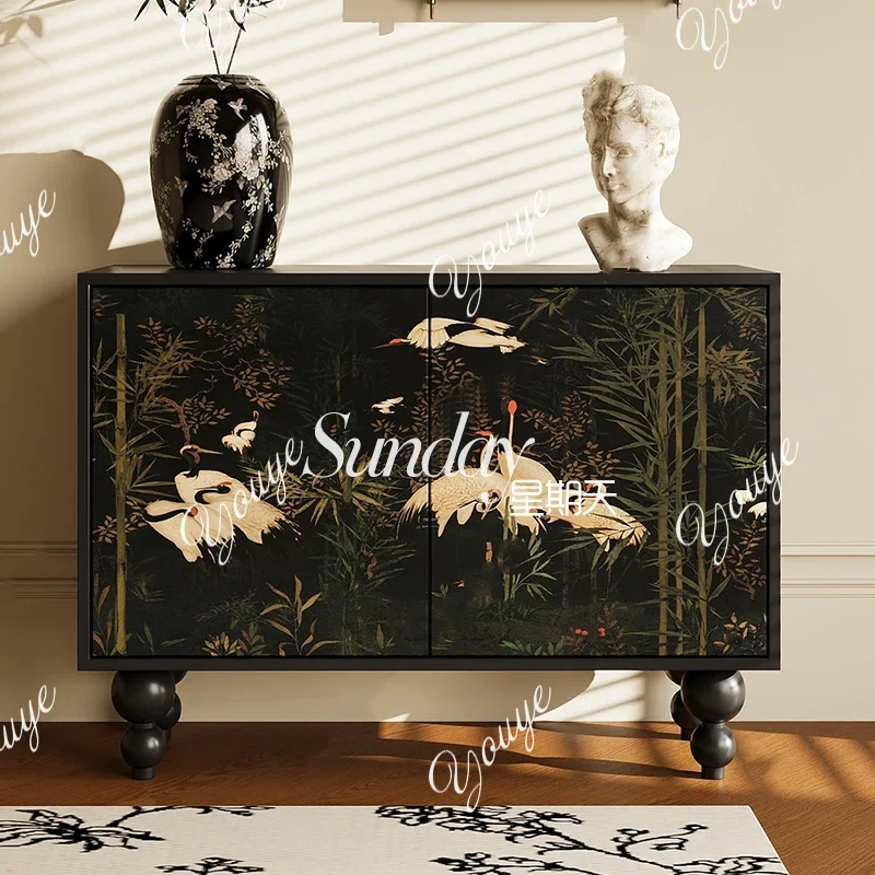 

J French Light Luxury Hand-painted Storage Cabinet, Black Solid Wood Shoe Cabinet, Retro Entrance Cabinet, Furniture Designer Mo