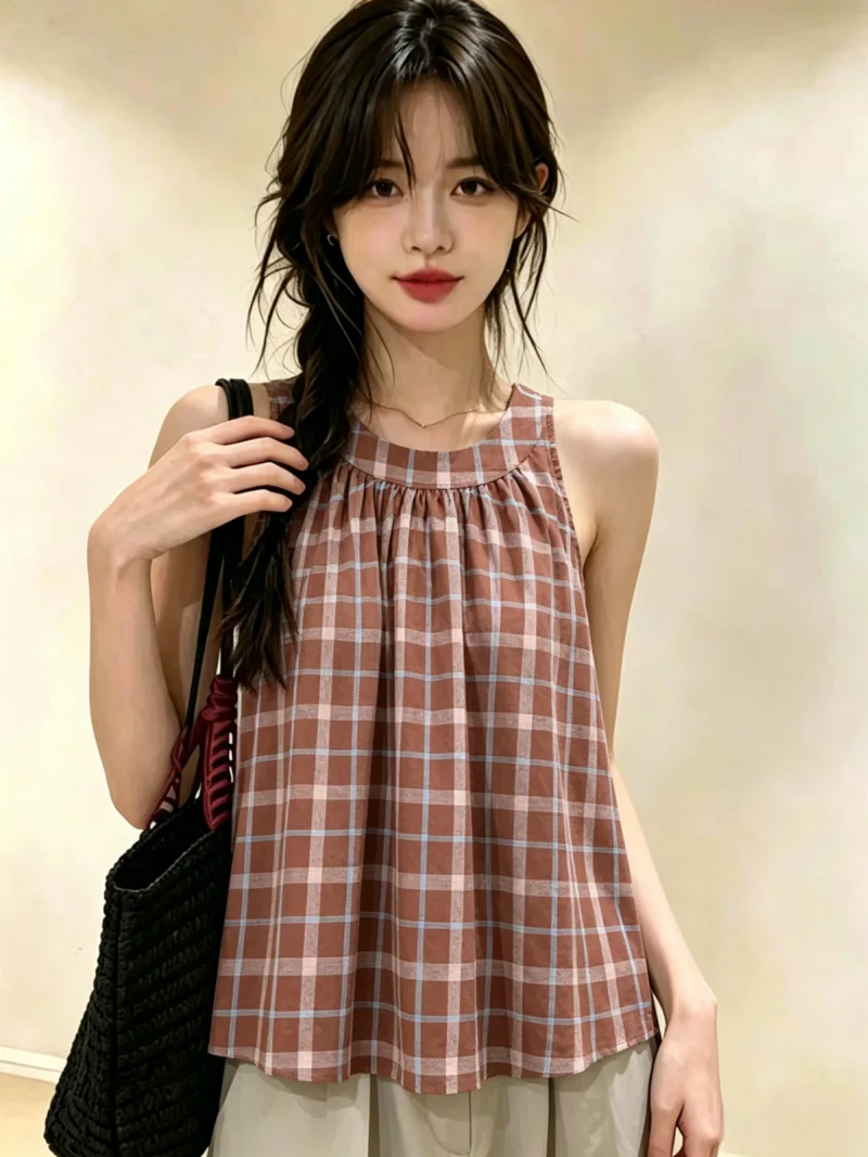 

American Style Vintage Plaid Sleeveless Neck Hanging Vest Women Summer Loose Match All Reduce Age Top Self Kept Item