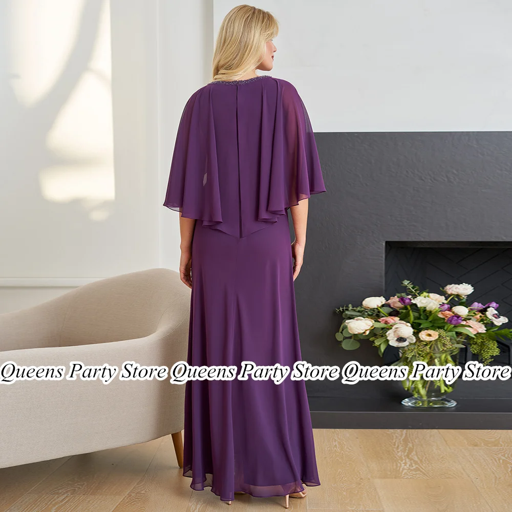 Robe longue en mousseline de soie perlée avec cape pour femme, robe d'invité de mariage, robes de soirée élégantes, demi-manches, col en V, mère de la mariée