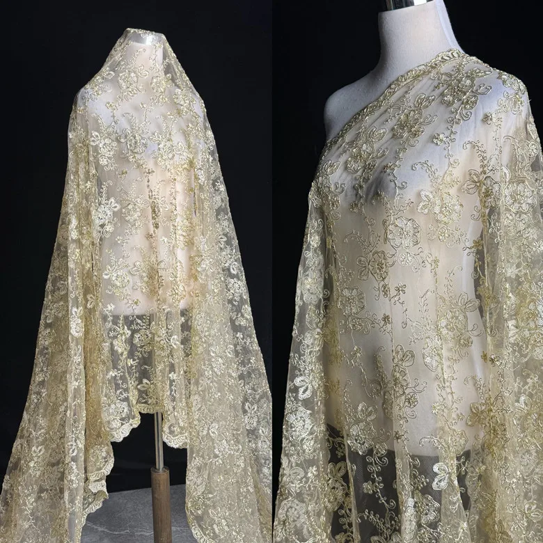 

1yard Golden car bone embroidery mesh fabric Wedding dress Designer fabrics for clothing
