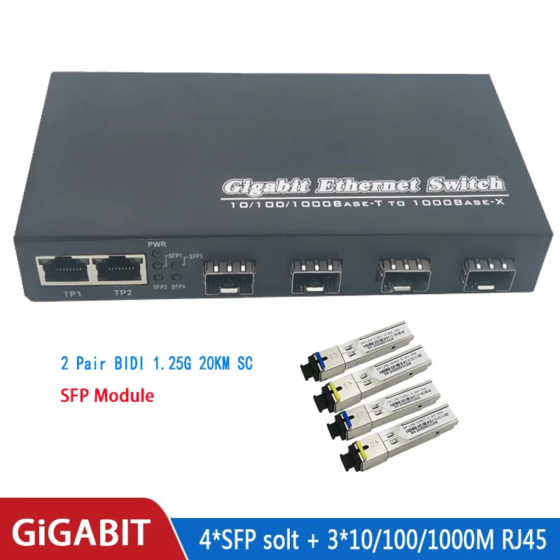 Bit Ethernet Árammegszakító Idegrost Optikai Multimédia átalakító 4sfp 3RJ45 10/100/1000M UTP Idegrost Bal oldal Idegrost Árammegszakító 4F3E