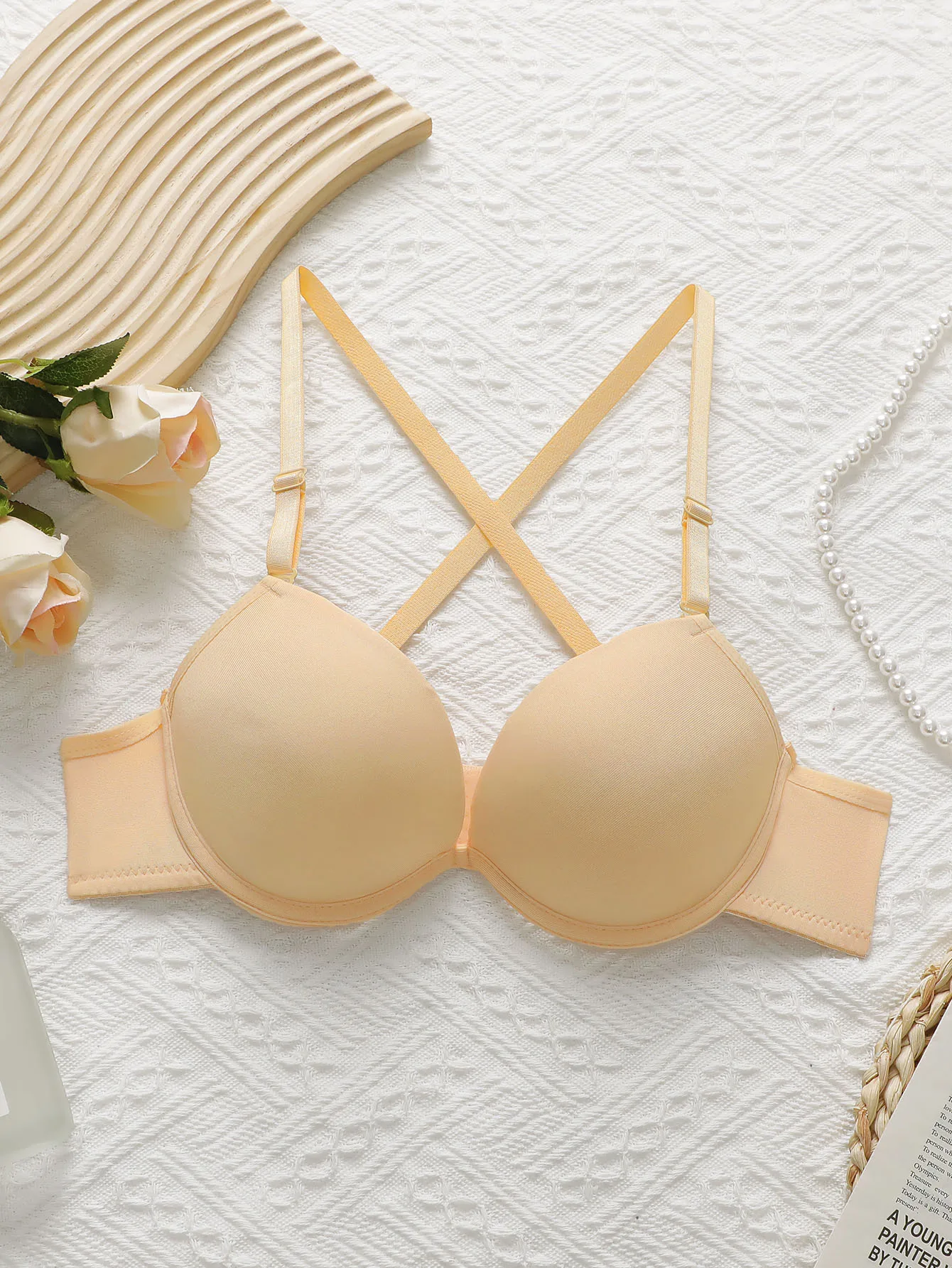 Sujetador con realce de color piel y espalda hermosa, con aros y relleno, lencería sexy para mujer. ﻿ A2122