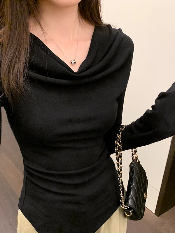 Ele Long Sve Base assimétrica irt Feminino Winter Faion Slim Fit oulder Baring T-shirt Versátil Commute Sle Kni...