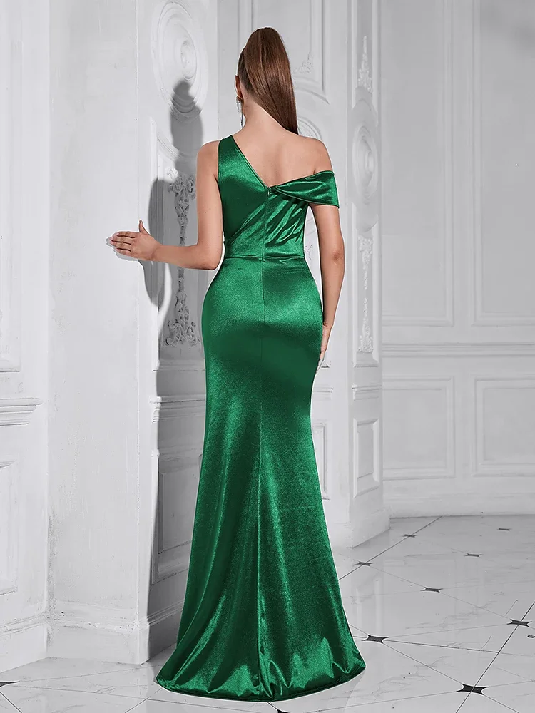 Robes maxi froncées en satin vert pour femmes, Sexy One initiated, tambour froncé, Split Celebrity, Runway Party, soirée, peu importe