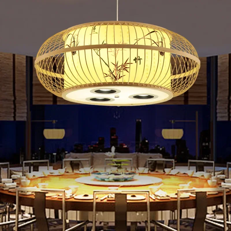 

Chinese restaurant with bamboo chandeliers and creative Japanese style lighting fixtures with spotlights