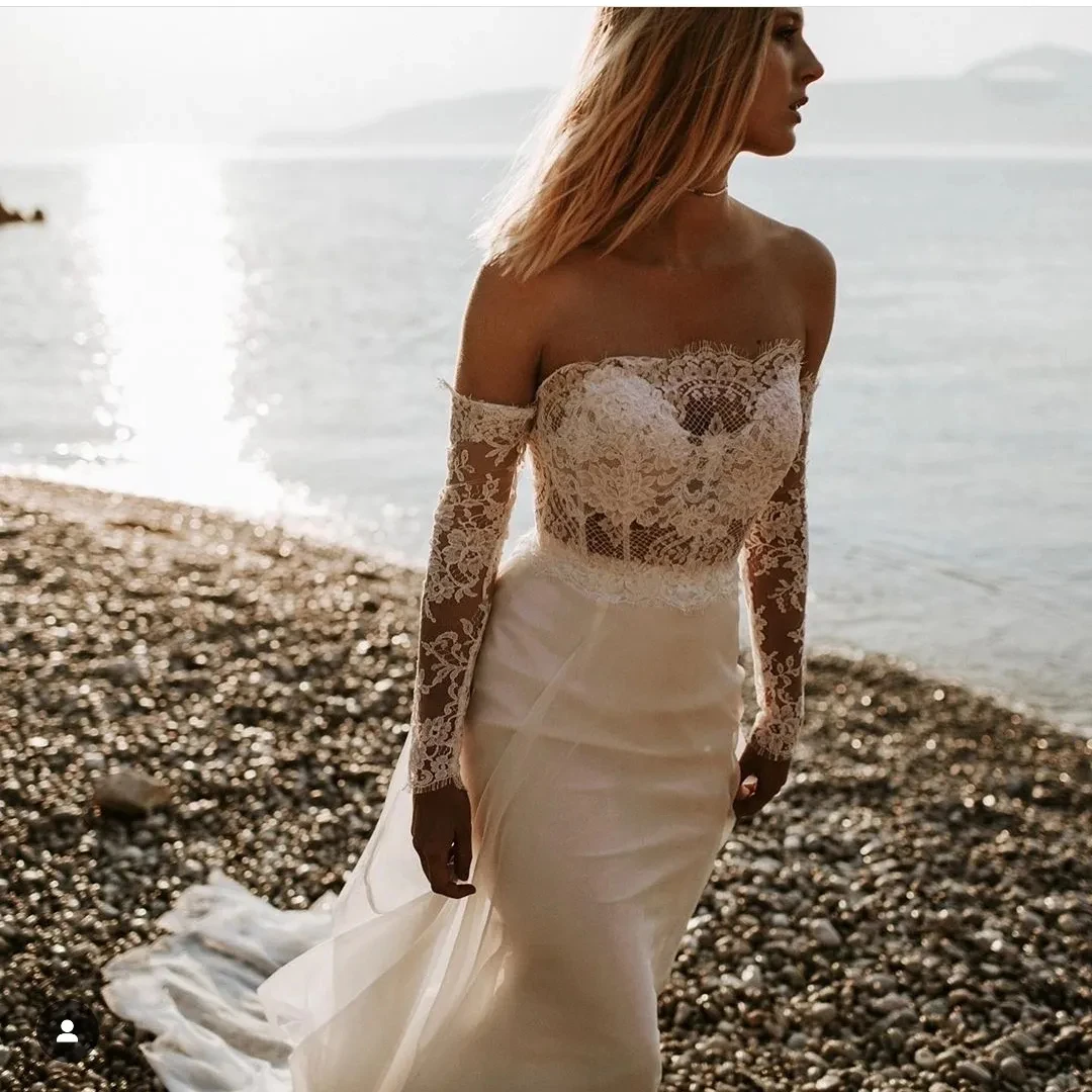 

Sexy Long Beach Wedding Dress Backless Sweetheart Off Shoulder Long Sleeves Boho Bridal Gowns Summer Robe Lace Appliques