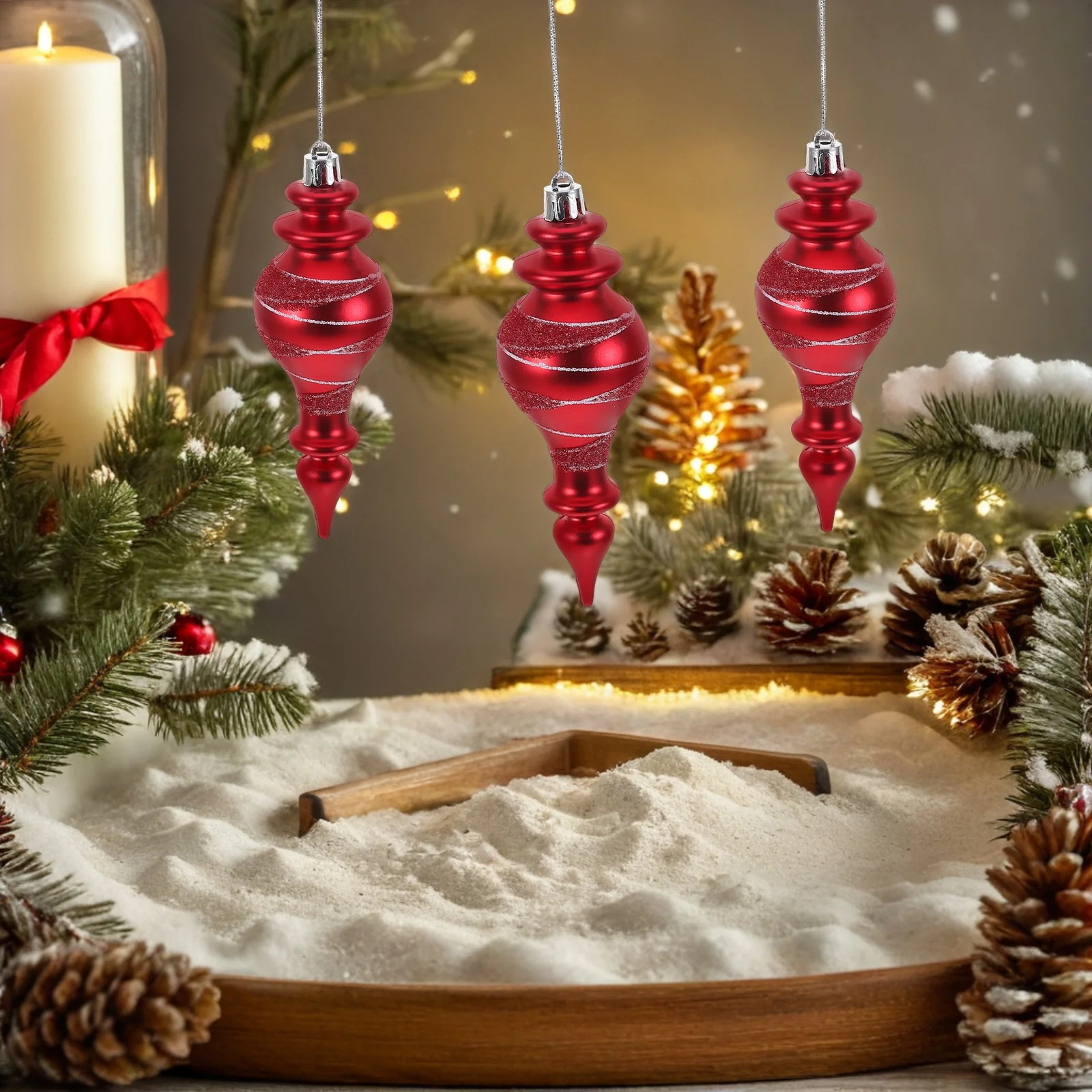 

3Pcs Christmas Tree Hanging Ornaments Red Long Pointed Shiny Plastic Baubles Shatterproof Holiday Hanging Decorations