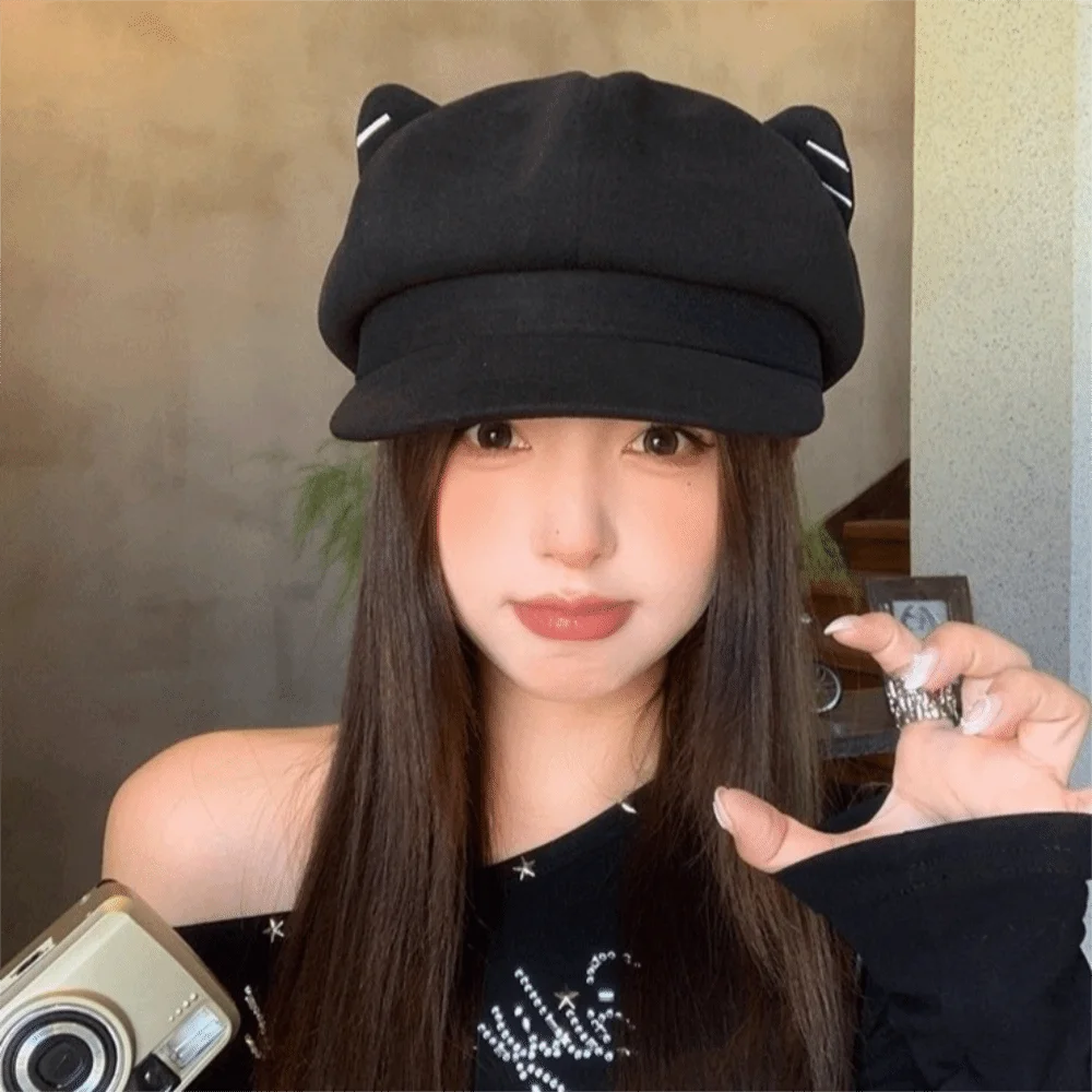 

Comfortable Solid Color Cat Ear Hat Woolen Y2K British Beret Hat Japanese Style Adjustment Octagonal Cap Girls