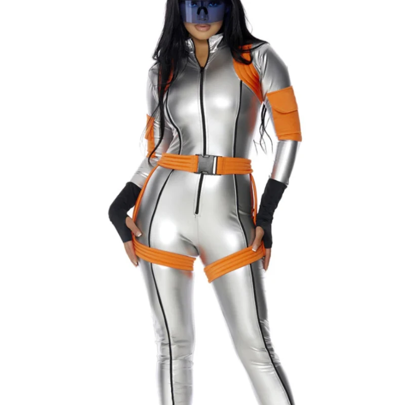 Halloween Cosplay Astronaut Alien Women's Adult Tight Fitting Space Suit Zipper Jumpsuit Cos Silver Space Station Agent Costume