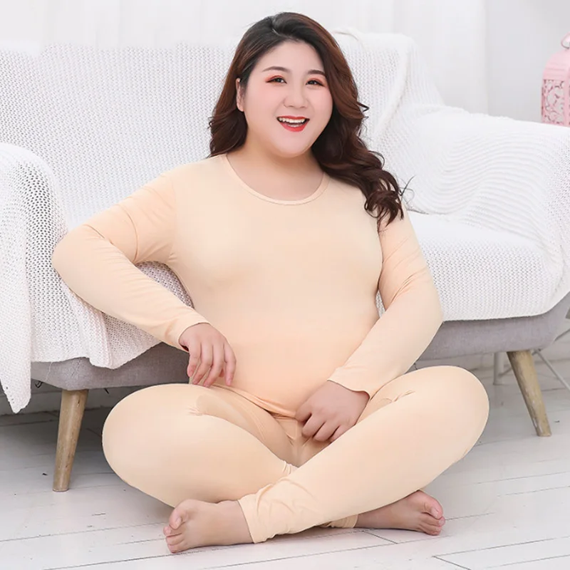 M-5XL Solid Colors Solid O Neck Long Johns Thermal Set Skin-friendly Elastic Comfortable Warm Keeping Women Underwear