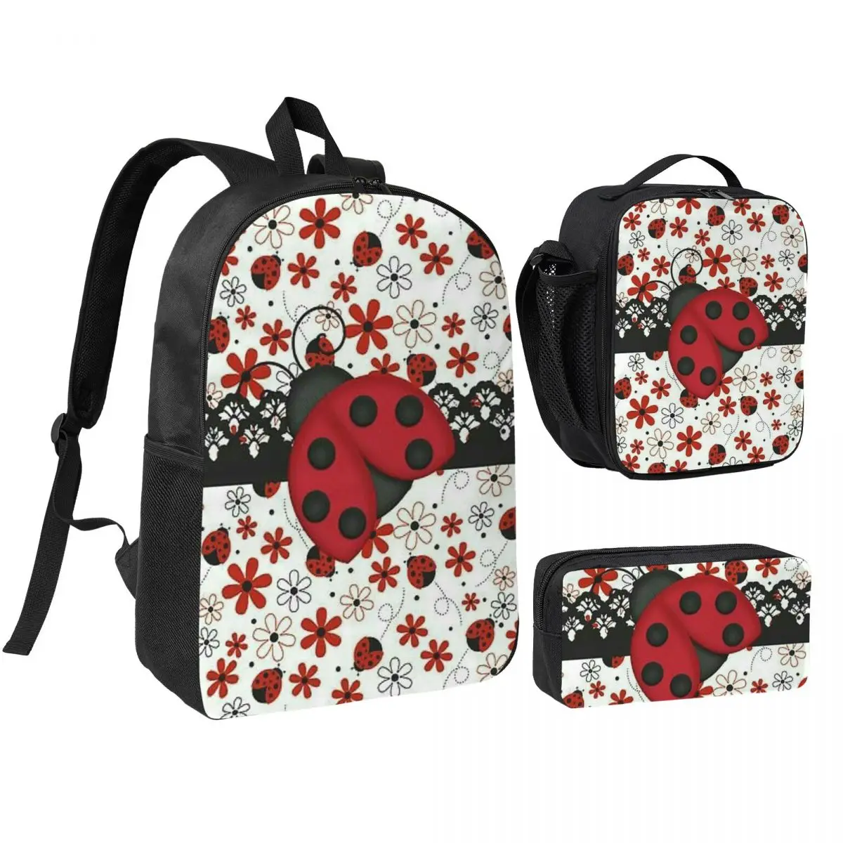 Cute Ladybug And Red White Polka Dots Backpack Boys Girls BookBag School Bag Shoulder Bags 3ps Insulated Lunch Bag Pencil Case