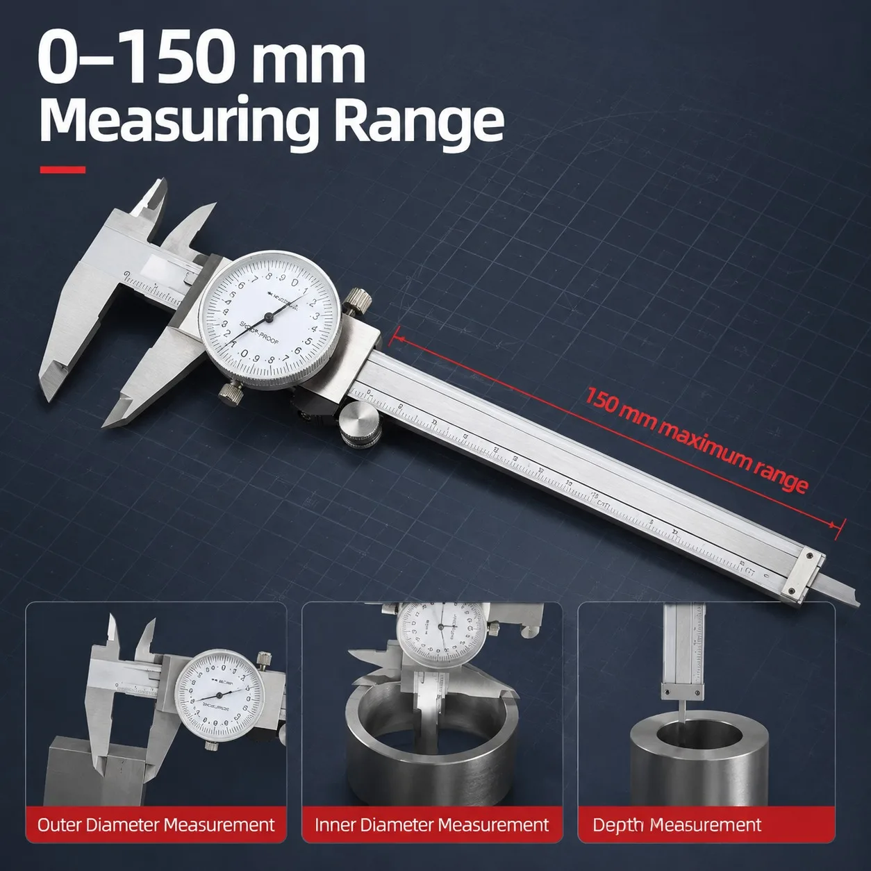 Circular Dial Scale Caliper 0-150/0.02mm High-Precision Industrial Stainless Steel Vernier Caliper Metric Measuring Tool