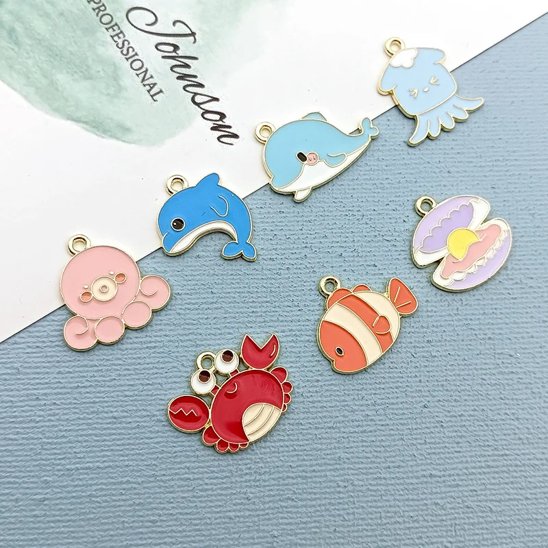 Zinc Alloy Enamel Dolphin Crab Octopus Charms, Pingente Organismo Marinho para Fazer Jóias, Acessórios Artesanais, Novo, 10Pcs