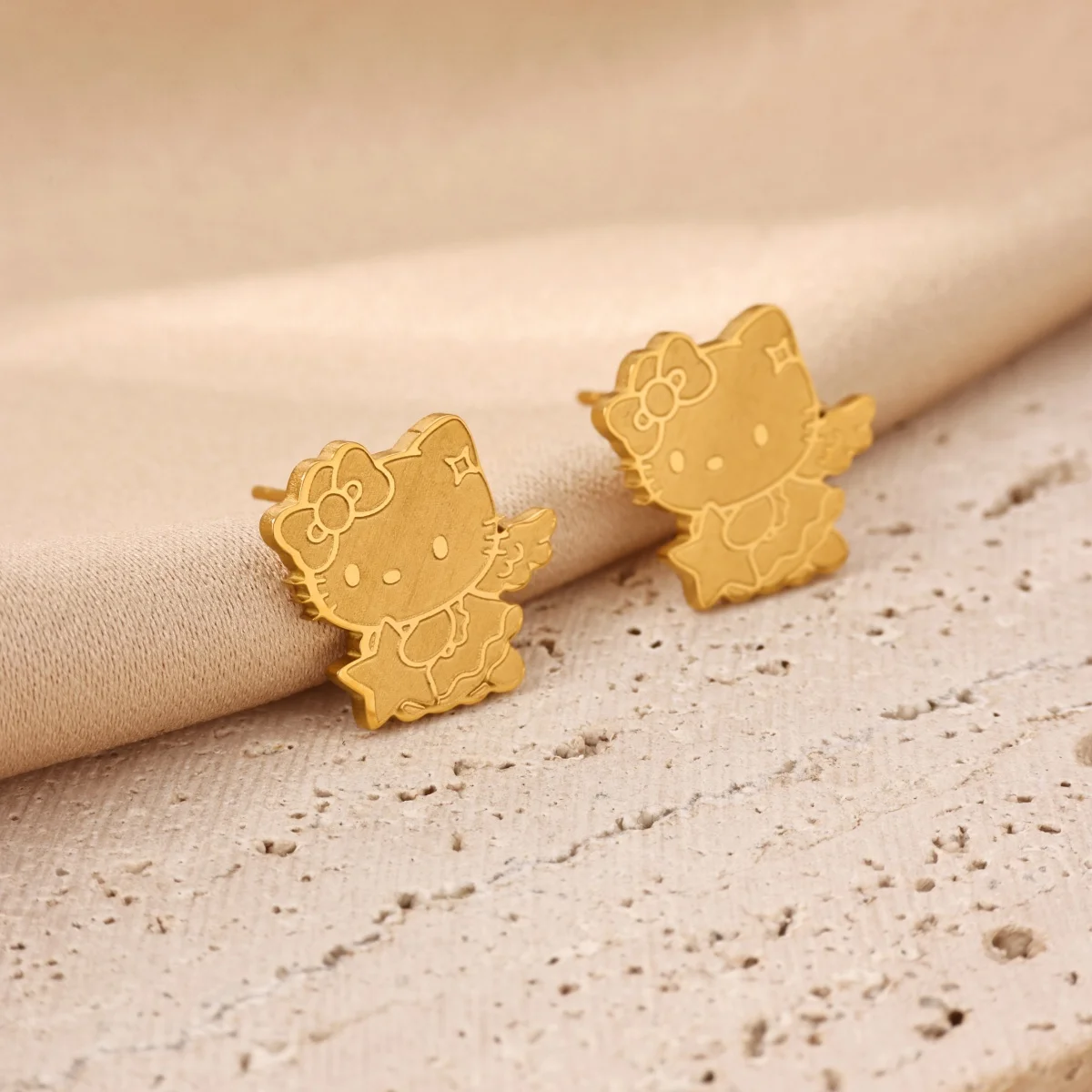 Cute Hello Kitty Women's Earrings Gold-Color Stainless Steel Wings Daily Wear Sanrio Jewelry Earrings Gift