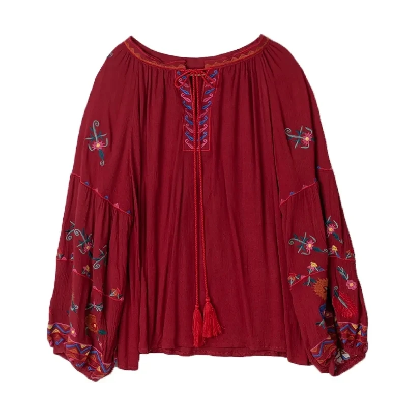 Bohemian Floral Embroidery Chic Bouse Women Tassel Beach Kimono Holiday Vintage Shirt Long Sleeve Loose Boho Shirts Blusas Top