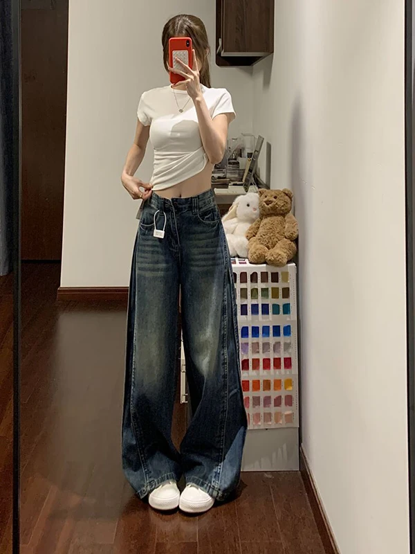 

Американские ретро-джинсы с изогнутым кроем для женщин, осенняя новинка, с высокой талией, свободные, прямые, широкие, в пол, модель «Серп»