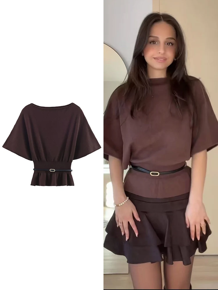 Femmes automne 2025 à manches courtes tricot porter Vintage nouveau froncé ourlet pull haut ample ceinture décoration décontracté dame tricoté pull
