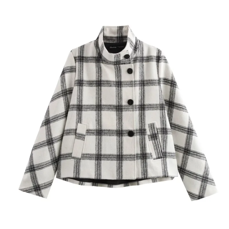 TRAF Plaid Knitted Jacket For Women Clothing Autumn Fashion Stand Up Collar Button Decoration Pocket Coat Casual Female Jackets