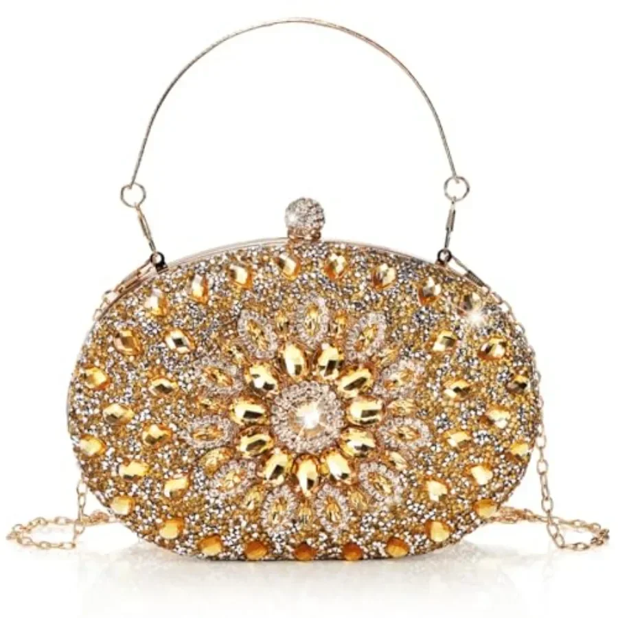 Rhinestone Evening Clutch Purse, Gold Sparkling Glitter Wrist Clutch Bag with Detachable Chain, Crystal Diamond Lady HandBag fo