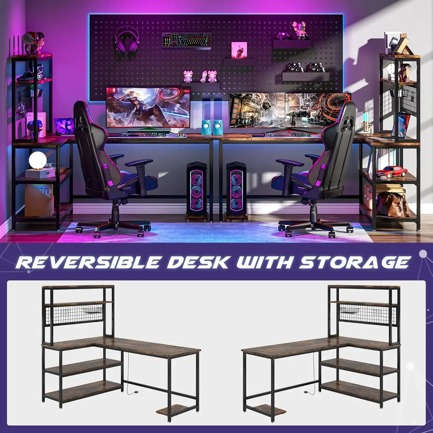 55" Large Computer Desk with Wireless Charging 5 Storage Shelves, Office Desk Study Table Writing Desk Workstation