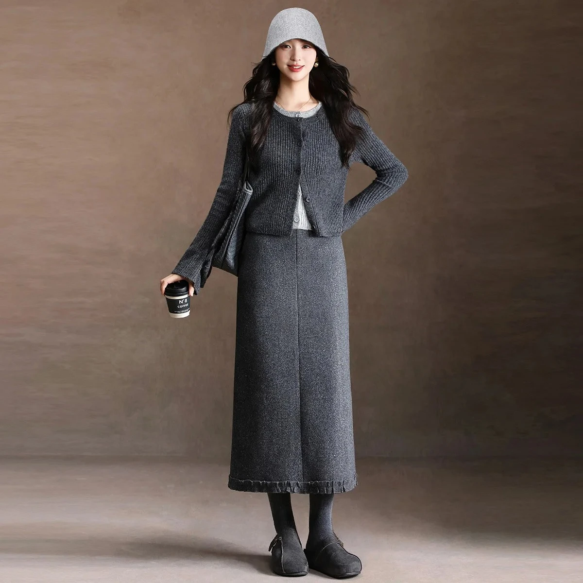 LOUISYAO Fashion High Waist A Line Skirt 2025 Winter Women Sweet Sparkle Ruched Side Slit Versatile Long Skirt