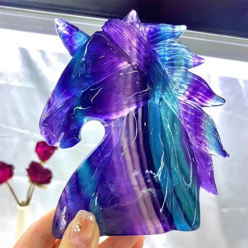 Natural Crystal Rainbow Fluorite Unicorn Cute Animal Carving Reiki Healing Stone Children Birthday Gift Home Decoration 1PCS