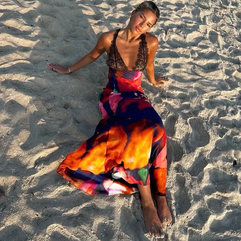 ชุดเดรสยาวลายพิมพ์ลูกไม้คอวีลึก สายเดี่ยว แฟชั่นฤดูร้อนสำหรับผู้หญิง เอวสูง ทรงเอ