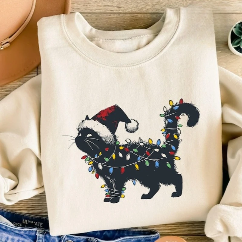 Felpa natalizia gatto nero Felpa con cappuccio Amante dei gatti Gattino Regalo di Natale Felpa con cappuccio per le vacanze Moda di strada Autunno Inverno Felpa con cappuccio termica Top