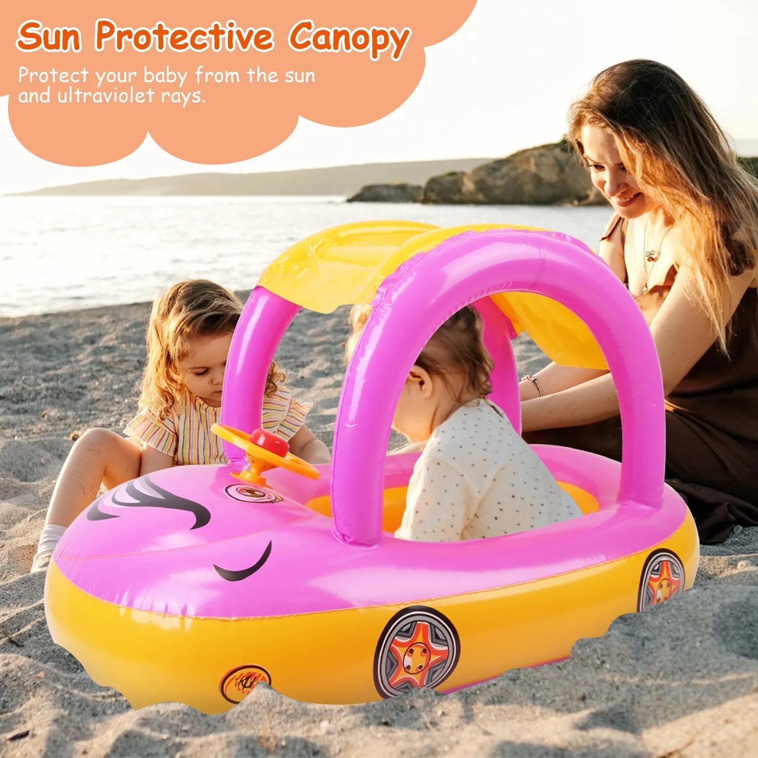 Baby Inflatable Pool Float Car Shaped Toddler Swimming Float Boat Pool Toy Infant Swim Ring Pool with Sun Protection Canopy