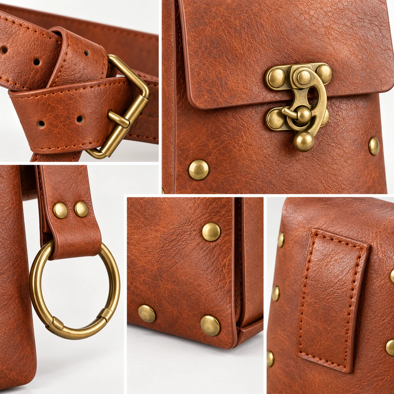Bolsa de cintura de cuero marrón de estilo vintage con cinturón ajustable, bolso retro para llevar en la cadera con hebilla de latón y anillo metálico, para hombres y mujeres.