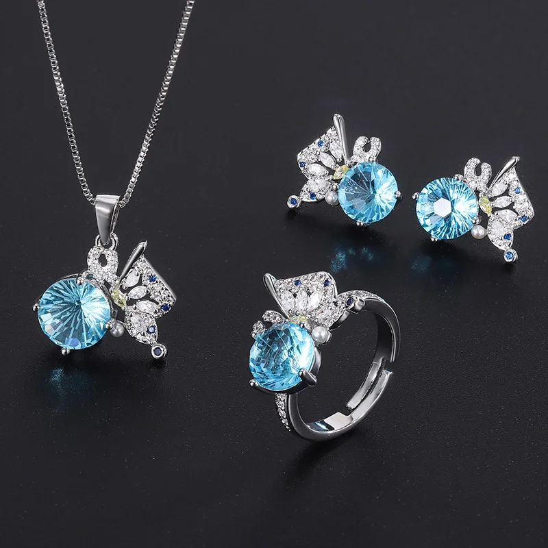 

Micro Pave Diamond Fireworks Chrysanthemum Blue Ring New Women's Earrings Pendant Set Wholesale