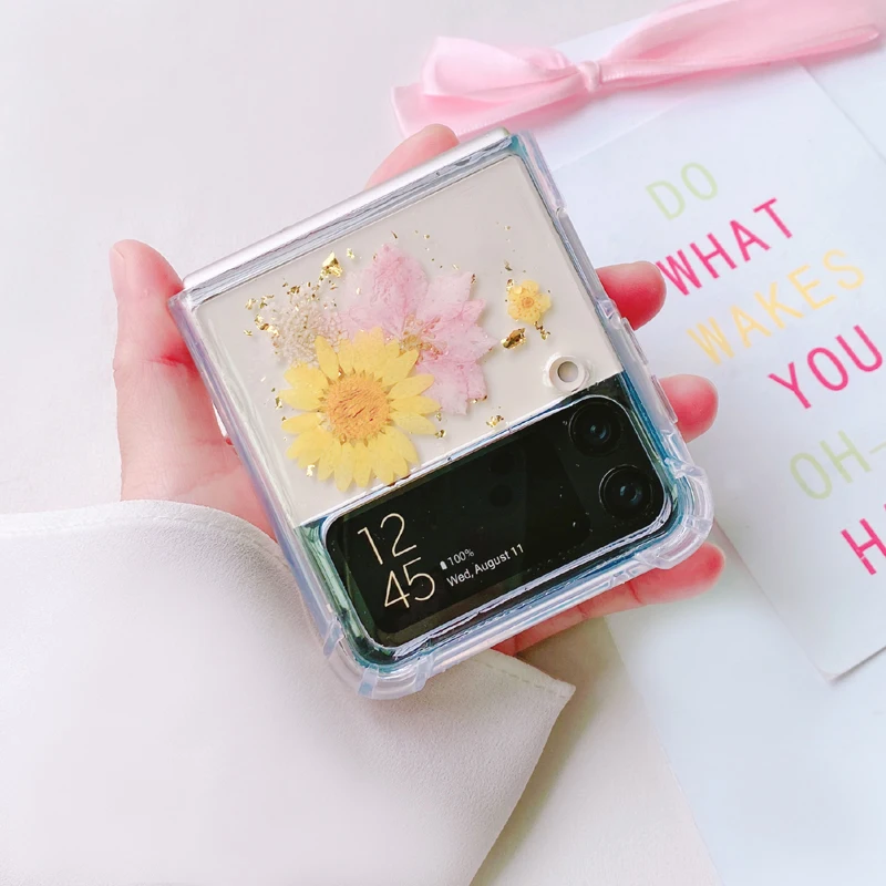 Z Flip 5 Case Glitter Daisy Real Flower Case For Samsung Galaxy Z Flip 4 5G Zflip 3 Luxury Dried Flowers Shockproof Clear Cover