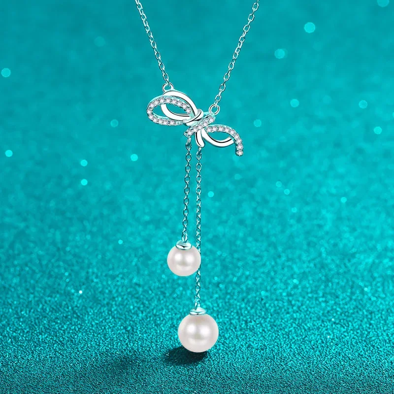 

18K Gold Inlaid with Moissanite Pearls PT950 Platinum Necklace, Bow Tassel Pendant, Fashionable and Simple Collarbone Chain