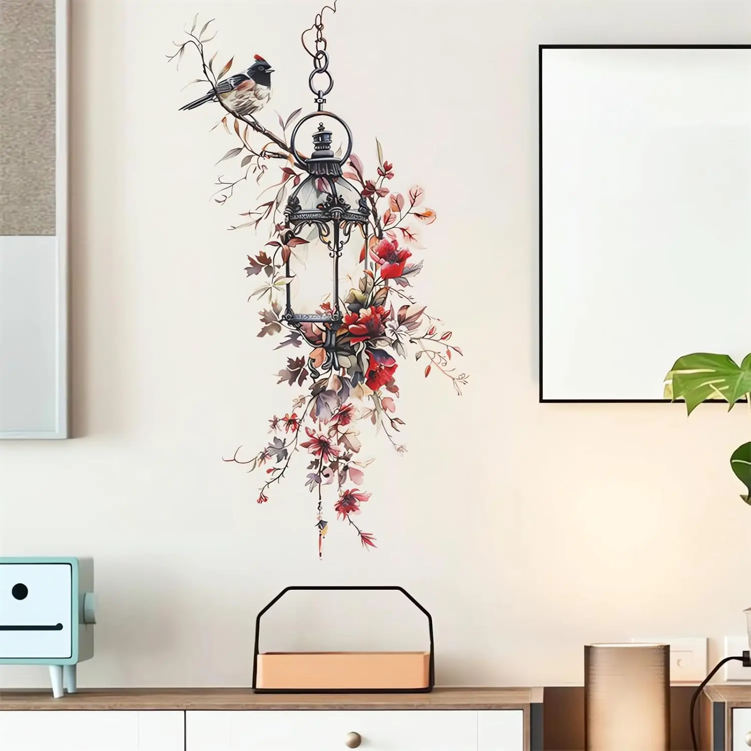 Vintage Street Lamp Red Flower Wall Sticker Sacinora Rose Peony Floral Art Wall Decal Removable Living Room Decor