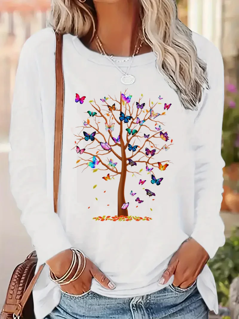 

Футболка с длинным рукавом с принтом бабочки и дерева в стиле Харадзюку, забавная готическая футболка, женская повседневная футболка с круглым вырезом и принтом