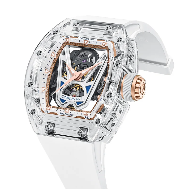 CRONUSART Мужские автоматические часы 50 мм Роскошные механические наручные часы Tonneau Светящийся ремешок из фторкаучука Полый циферблат Victory