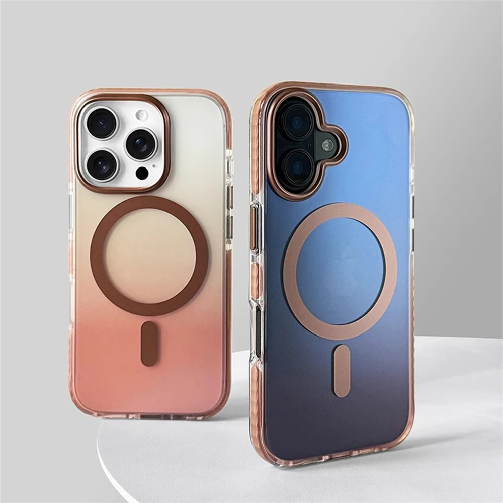 Color Gradient Transparent Bumper Shockproof Case For iPhone 16 15 Plus 14 13 Pro Max For Magsafe Magnetic Wireless Charge Cover