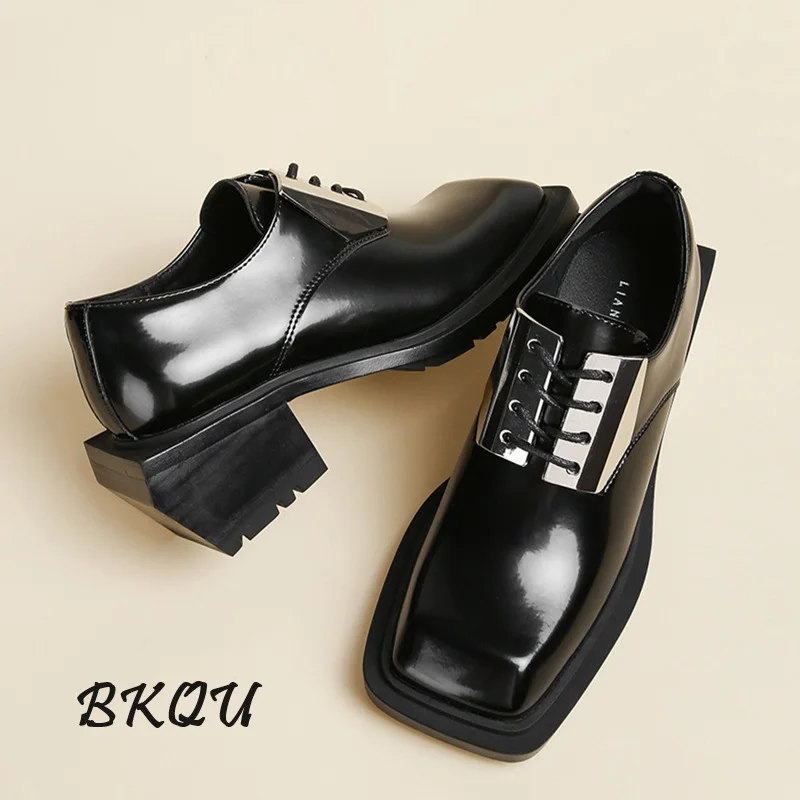 BKQU 2024 New Trend Men's Design Sense Metal Decorative Derby Shoes Square Head Small Leather Shoes High Quality